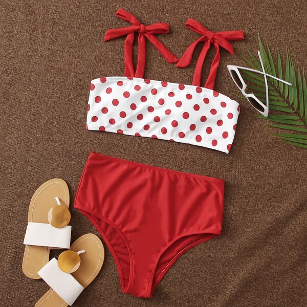 

Polka Dot Tie Shoulder Bikini Swimsuit, Red