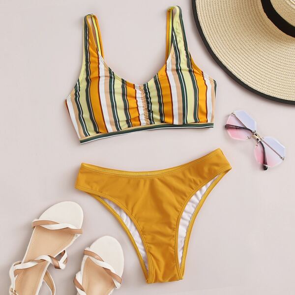 

Striped Ruched Bikini Swimsuit, Mustard yellow