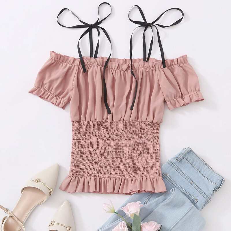 

Cold Shoulder Shirred Frill Trim Top, Pink