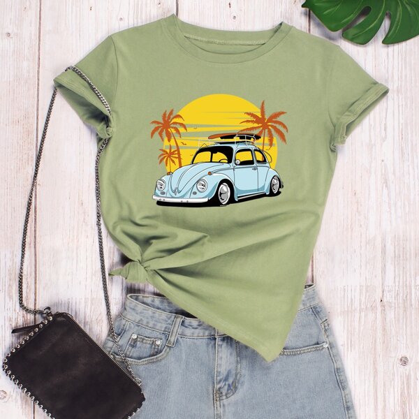 

Plus Tropical & Graphic Round Neck Tee, Green
