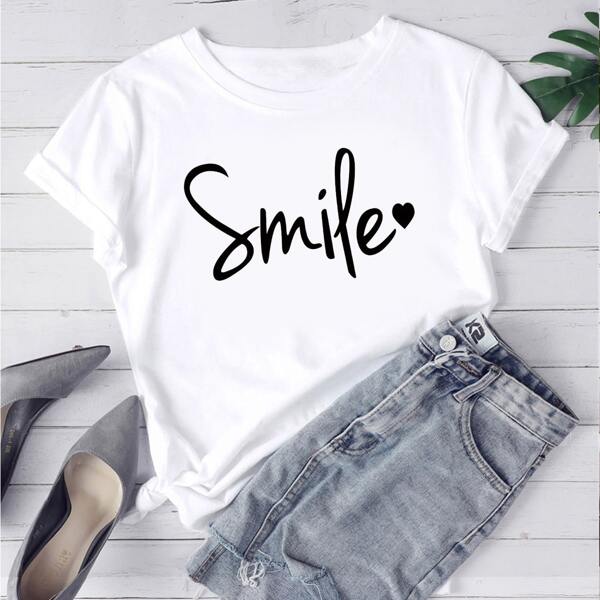 

Plus Letter & Heart Print Round Neck Tee, White