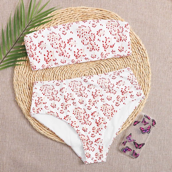 

Plant Print Bandeau High Waisted Bikini Swimsuit, Multicolor