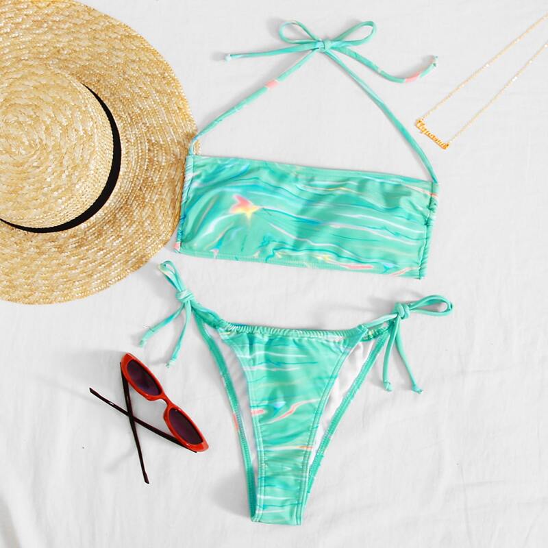 

Graphic Print Halter Tie Side Bikini Swimsuit, Green