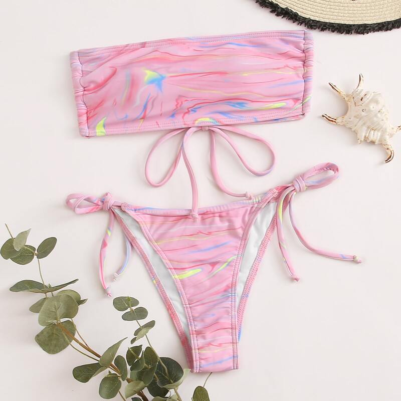 

Graphic Print Bandeau Tie Side Bikini Swimsuit, Pink