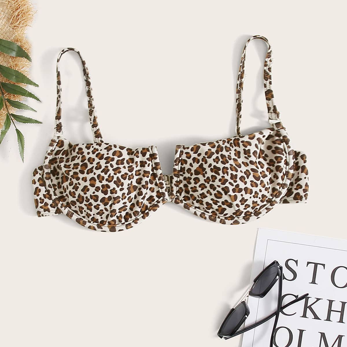 

Leopard V Wired Underwire Bikini Top, Brown