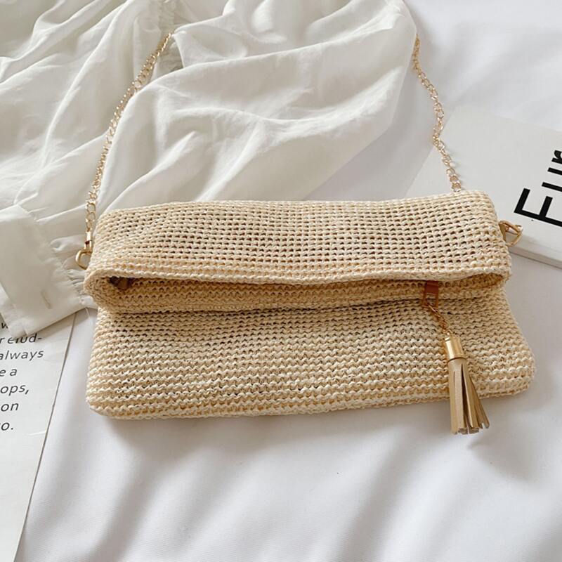 

Tassel Woven Chain Bag, Beige
