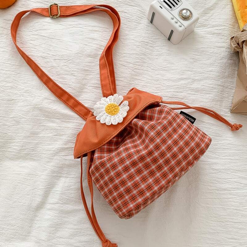 

Tartan Floral Drawstring Bag, Orange