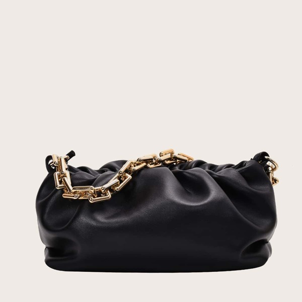

Ruched Chain Tote Bag, Black
