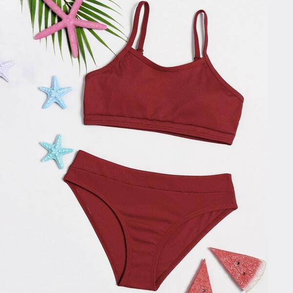 

Girls Solid Rib Bikini Swimsuit, Burgundy