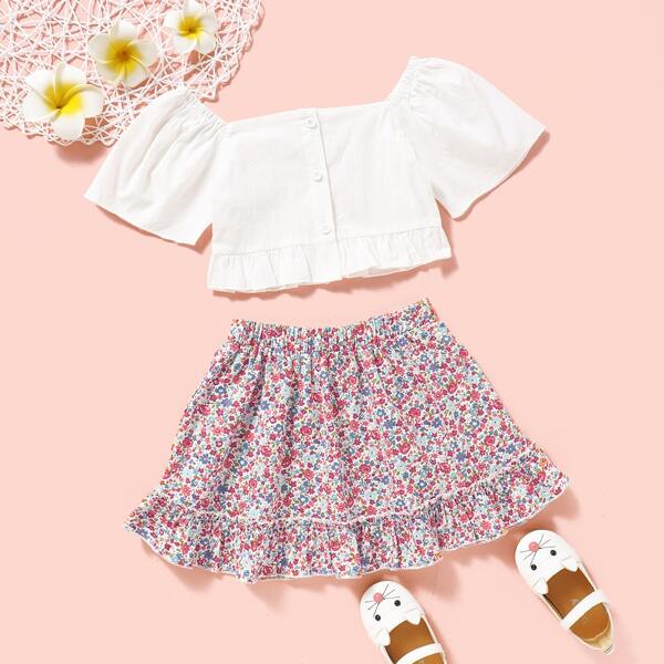 

Toddler Girls Ruffle Hem Top & Ditsy Floral Skirt, Multicolor
