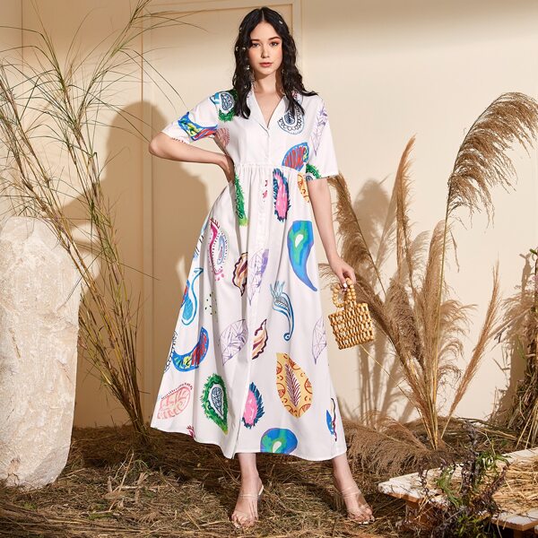 

Paisley Print Lapel Collar Button Front Shirt Dress, Multicolor
