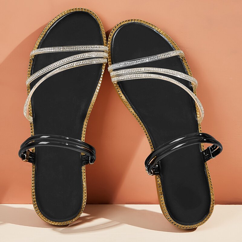 

Rhinestone Strap Flat Sliders, Black