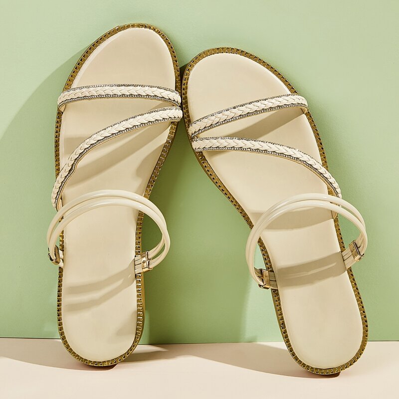 

Rhinestone Braided Strap Sliders, Beige