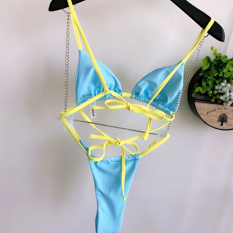 

Two Tone Triangle Thong Bikini Swimsuit, Baby blue