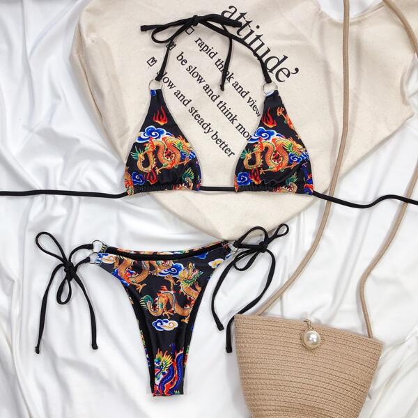

Chinese Dragon Print Triangle Tie Side Bikini Swimsuit, Black