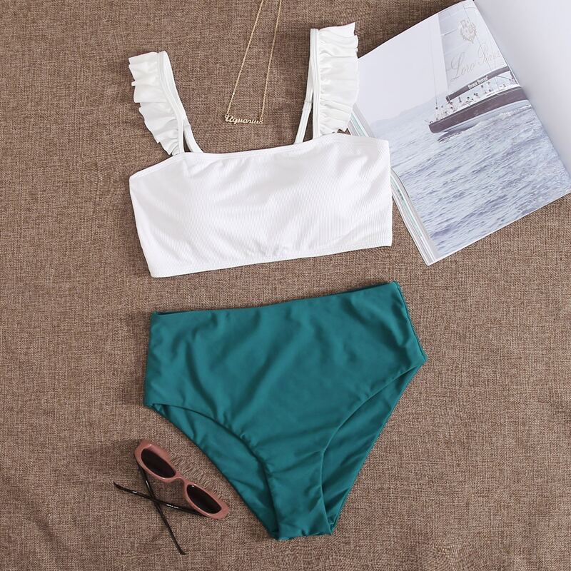 

Rib Ruffle High Waisted Bikini Swimsuit, Multicolor