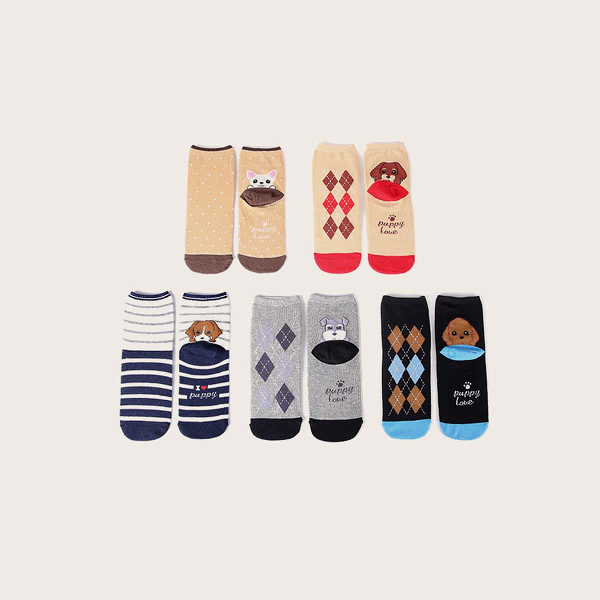 

5pairs Dog Pattern Socks, Multicolor