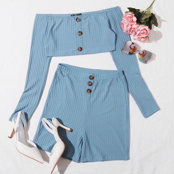 

Button Front Rib-Knit Shorts, Blue