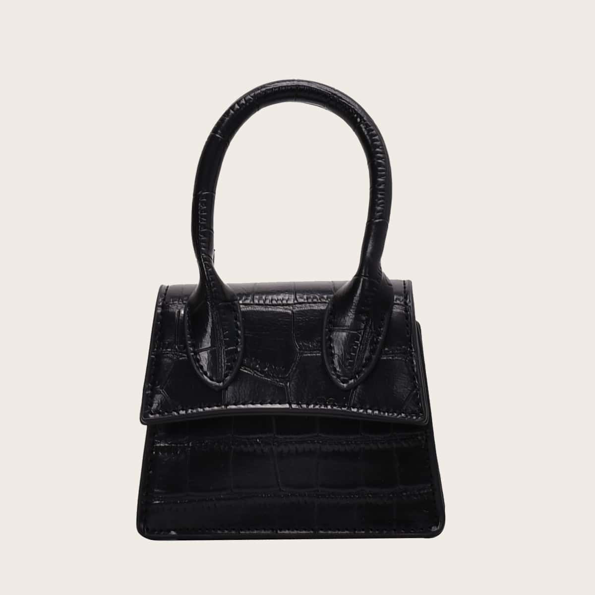 

Mini Croc Embossed Satchel Bag, Black