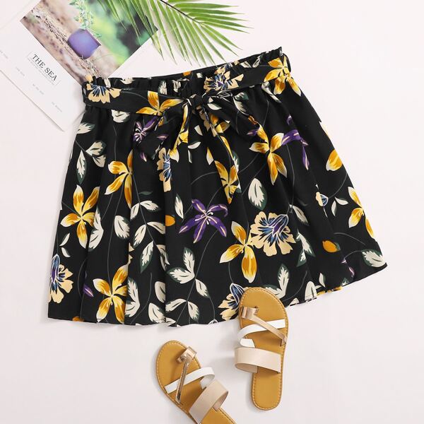 

Plus Paper Bag Waist Belted Floral Skirt, Black