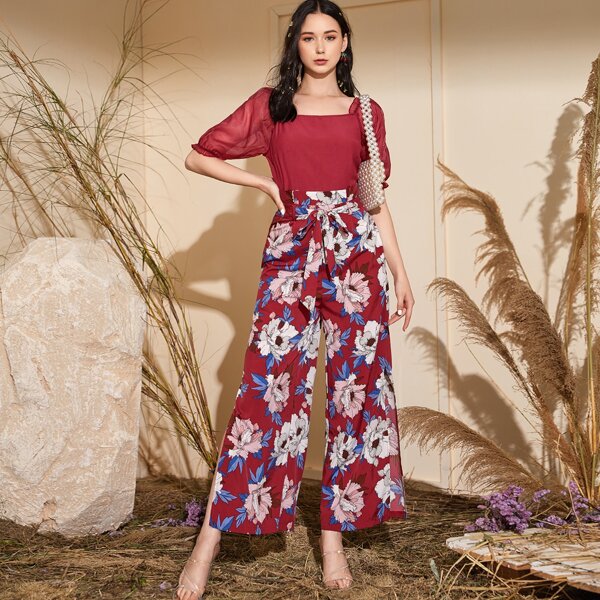 

Square Neck Top & Large Floral Belted Wide Leg Pants, Burgundy