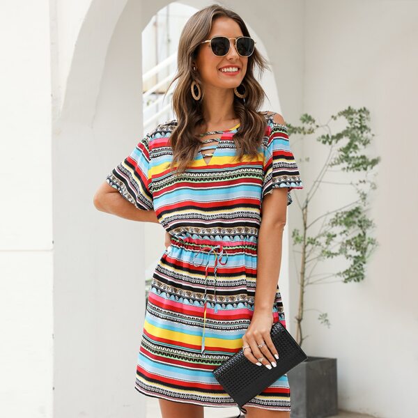 

Tribal & Striped Drawstring Waist Dress, Multicolor