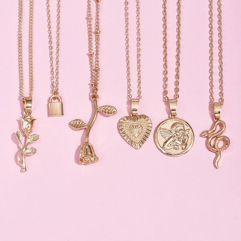 

6pcs Lock & Heart Charm Necklace, Gold