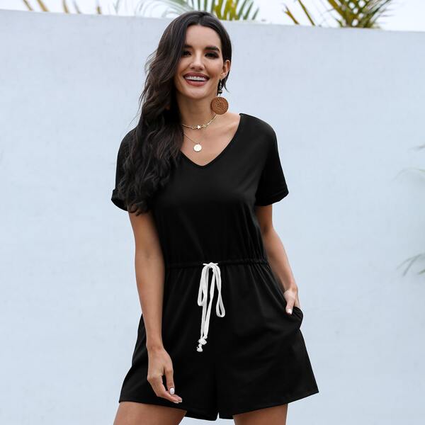 

Solid Knot Back Drawstring Waist Romper, Black