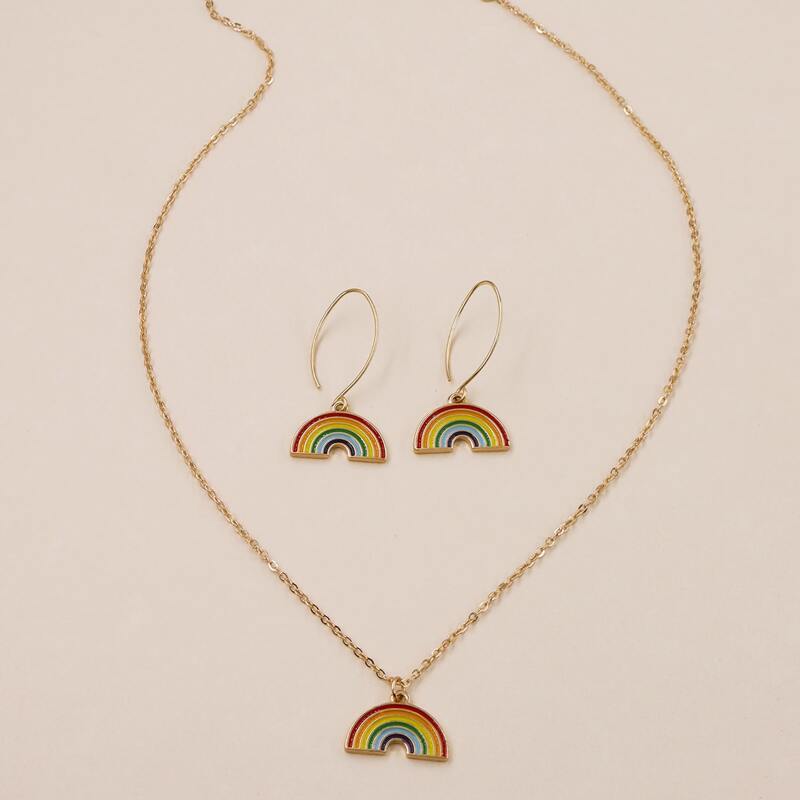 

1pc Rainbow Charm Necklace & 1pair Earrings, Gold