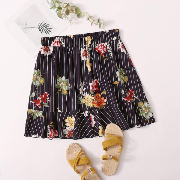 

Plus Stripe And Floral Ruffle Hem Skirt, Multicolor