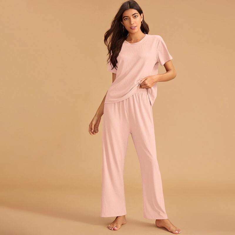

Solid Ribbed PJ Set, Pink