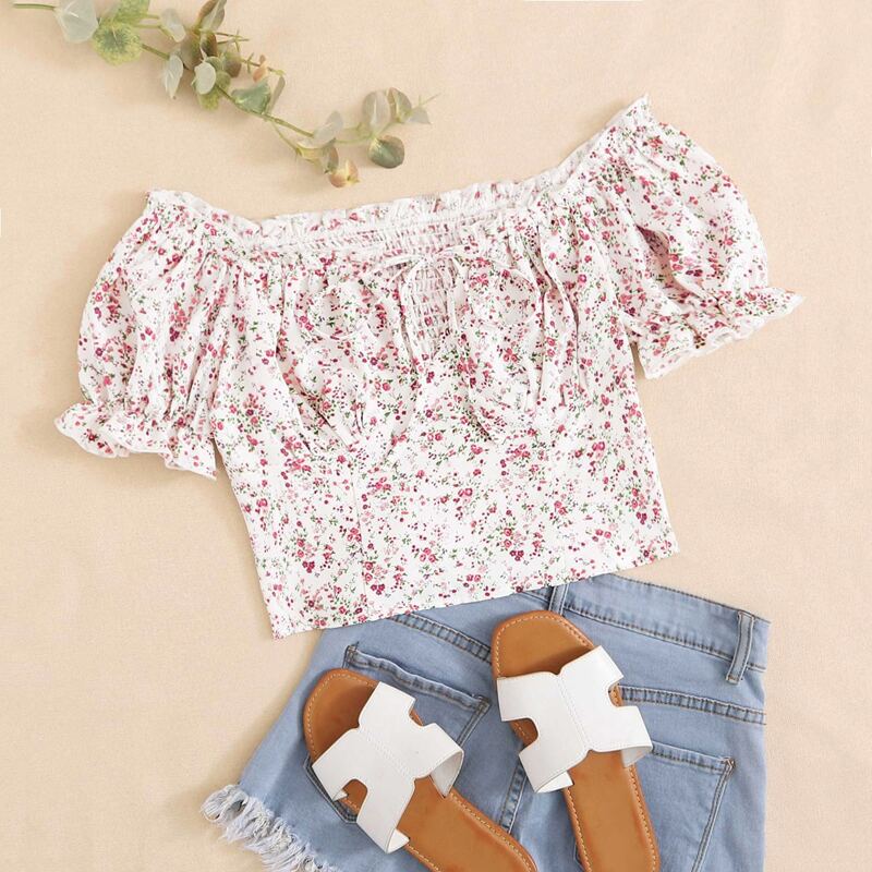 

Shirred Back Knotted Ditsy Floral Top, White