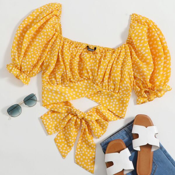 

Ditsy Floral Print Off Shoulder Overlap Hem Tie Back Crop Top, Yellow