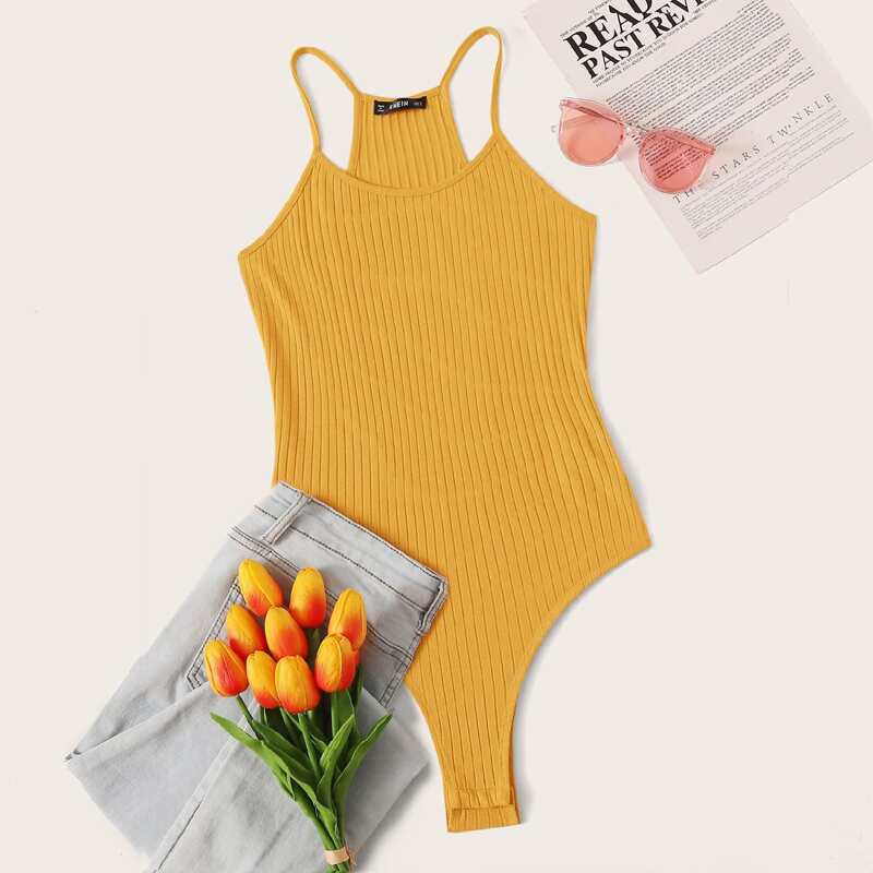 

Solid Rib-knit Cami Bodysuit, Yellow