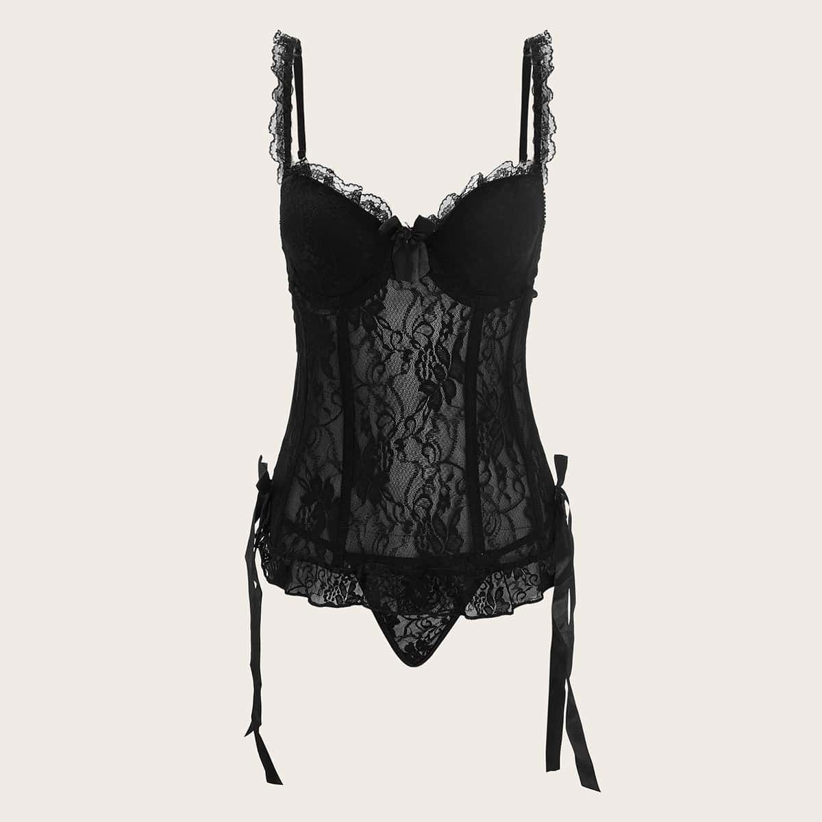 

Floral Lace Underwire Bustier Set, Black