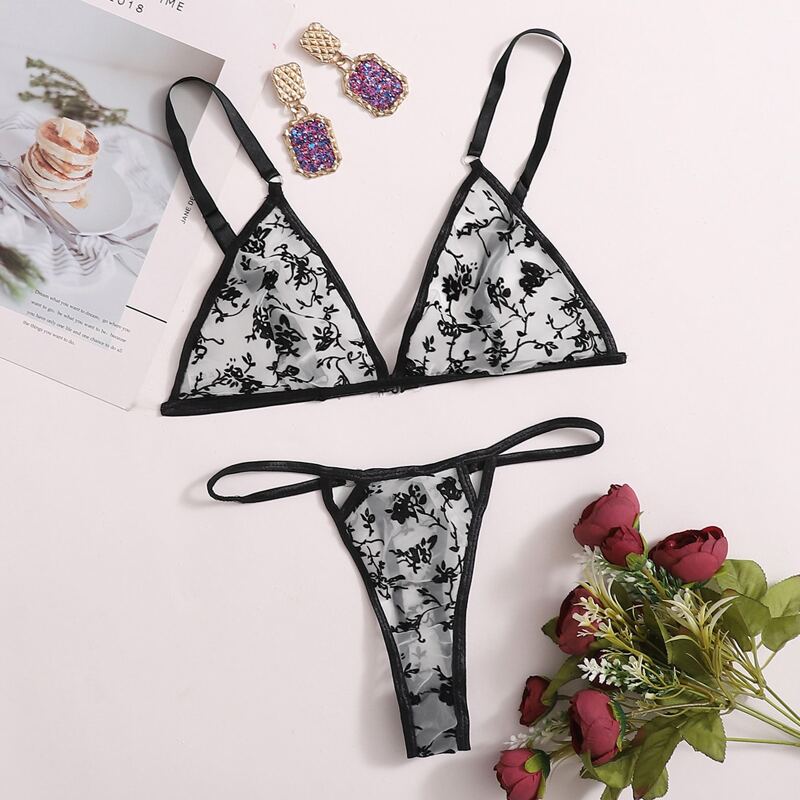 

Embroidered Mesh Triangle Lingerie Set, Black