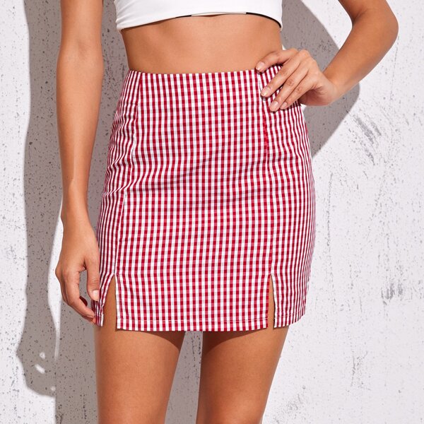 

Юбка в клетку с разрезом и молнией сзади, Многоцветный