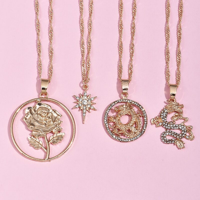 

4pcs Rhinestone Engraved Dragon & Star Charm Necklace, Gold