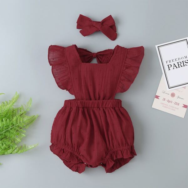 

Baby Girl Swiss Dot Ruffle Trim Romper & Headband, Burgundy