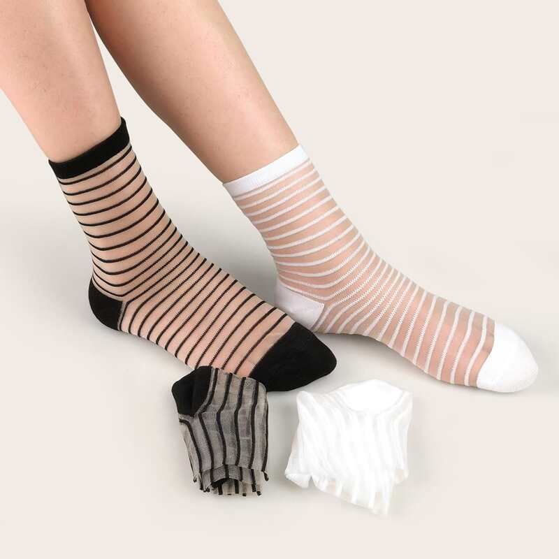 

2pairs Striped Mesh Socks, Multicolor