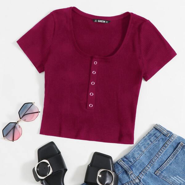 

Button Front Rib-knit Crop Top, Rose red