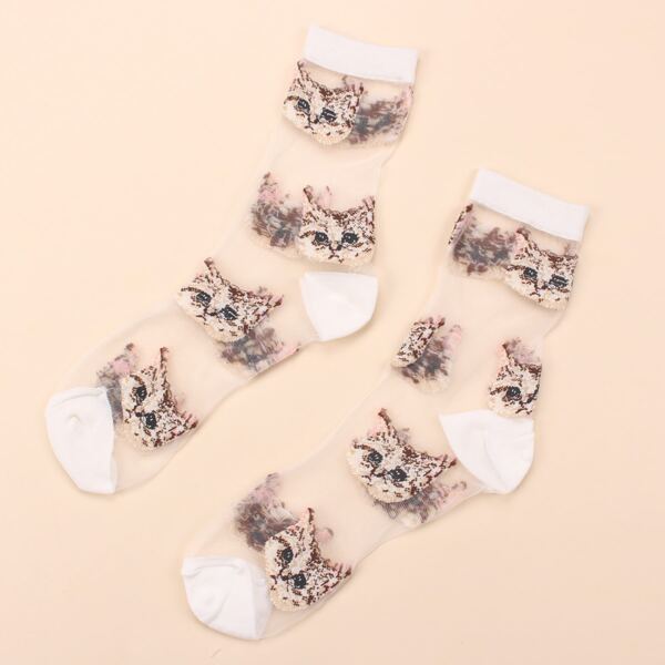 

Cat Pattern Mesh Socks, Multicolor