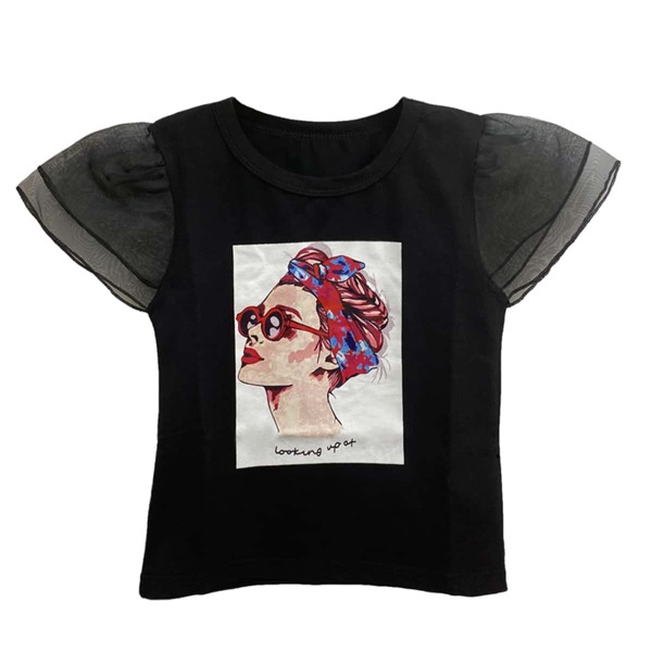 

Toddler Girls Mesh Panel Figure Graphic Tee, Black