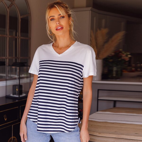 

V-Neck Curved Hem Striped Top, Multicolor