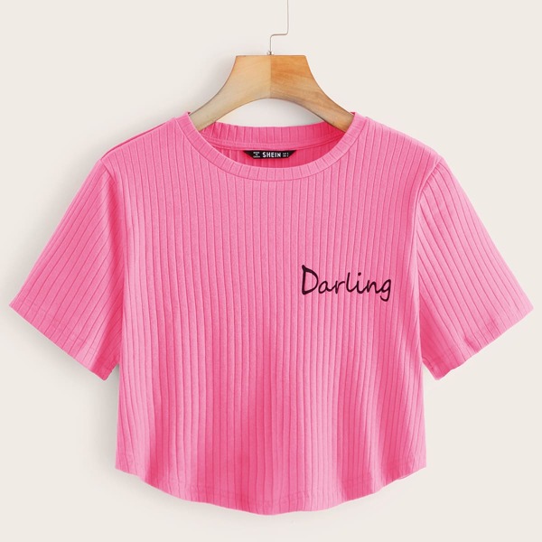 

Letter Print Curved Hem Rib-knit Crop Top, Pink