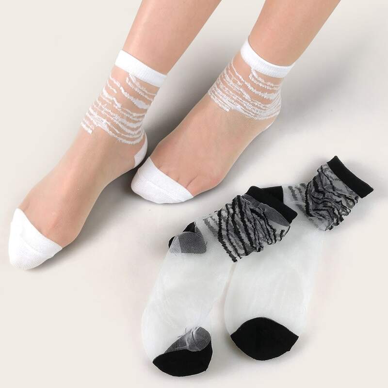 

2pairs Striped Mesh Socks, Multicolor
