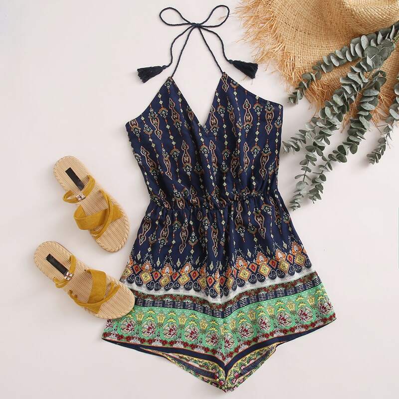 

Tribal Print Tassel Tie Back Halter Romper, Multicolor