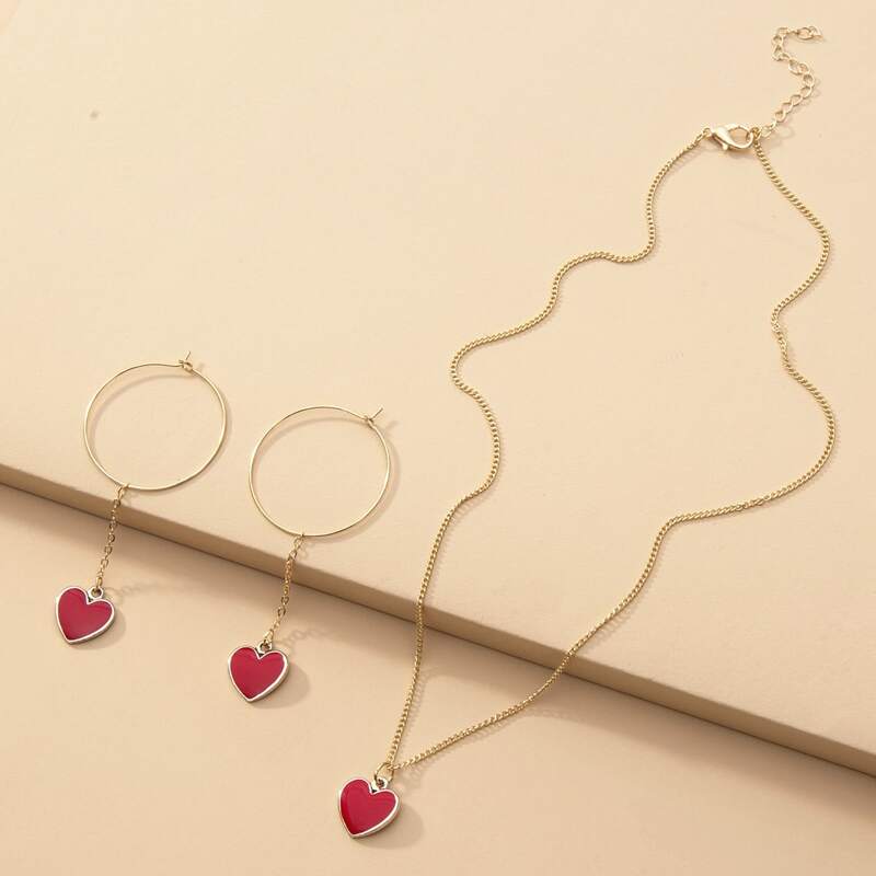 

1pc Heart Charm Necklace & 1pair Earrings, Gold