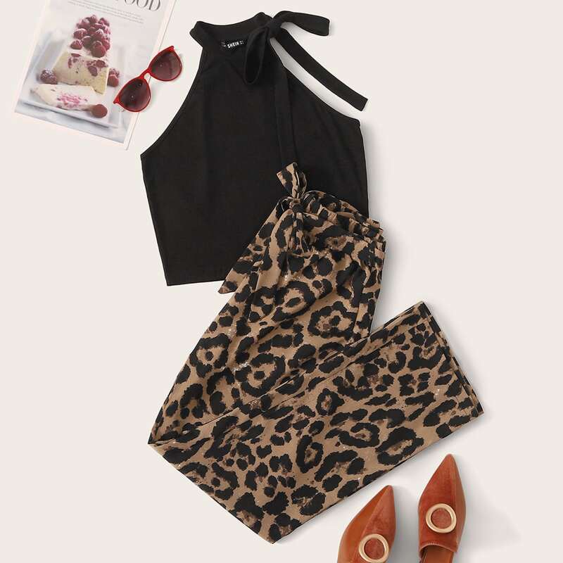

Self-Tie Halter Top & Leopard Wide-Leg Pants Set, Multicolor