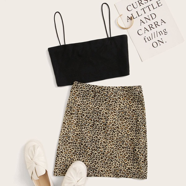 

Plus Solid Crop Cami Top & Leopard Skirt Set, Multicolor